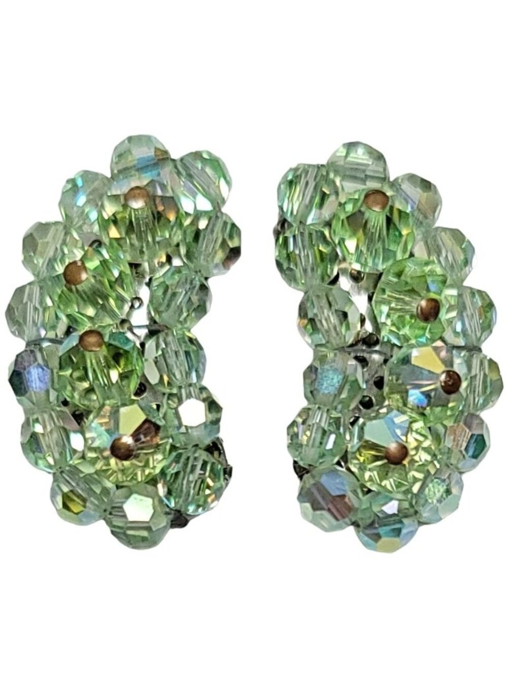 Vintage Green Iridescent Faceted Beads Kidney Shaped Clip On Earrings